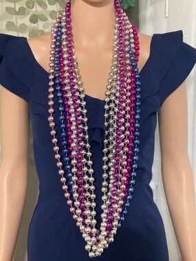 8 pcs Mardi Gras Multi-Strand Beaded Statement Necklace - Pink, Blue & Silver